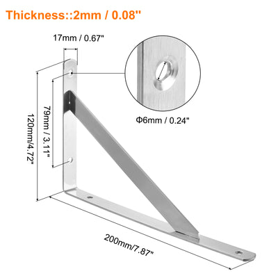 Harfington Uxcell Shelf Brackets, 4Pcs 8" - Stainless Steel Solid Triangle Bracket with Screws, Removable Support L Brackets for DIY Floating Table Shelf (2mm Thick)