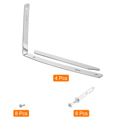 Harfington Uxcell Shelf Brackets, 4Pcs 8" - Stainless Steel Solid Triangle Bracket with Screws, Removable Support L Brackets for DIY Floating Table Shelf (2mm Thick)