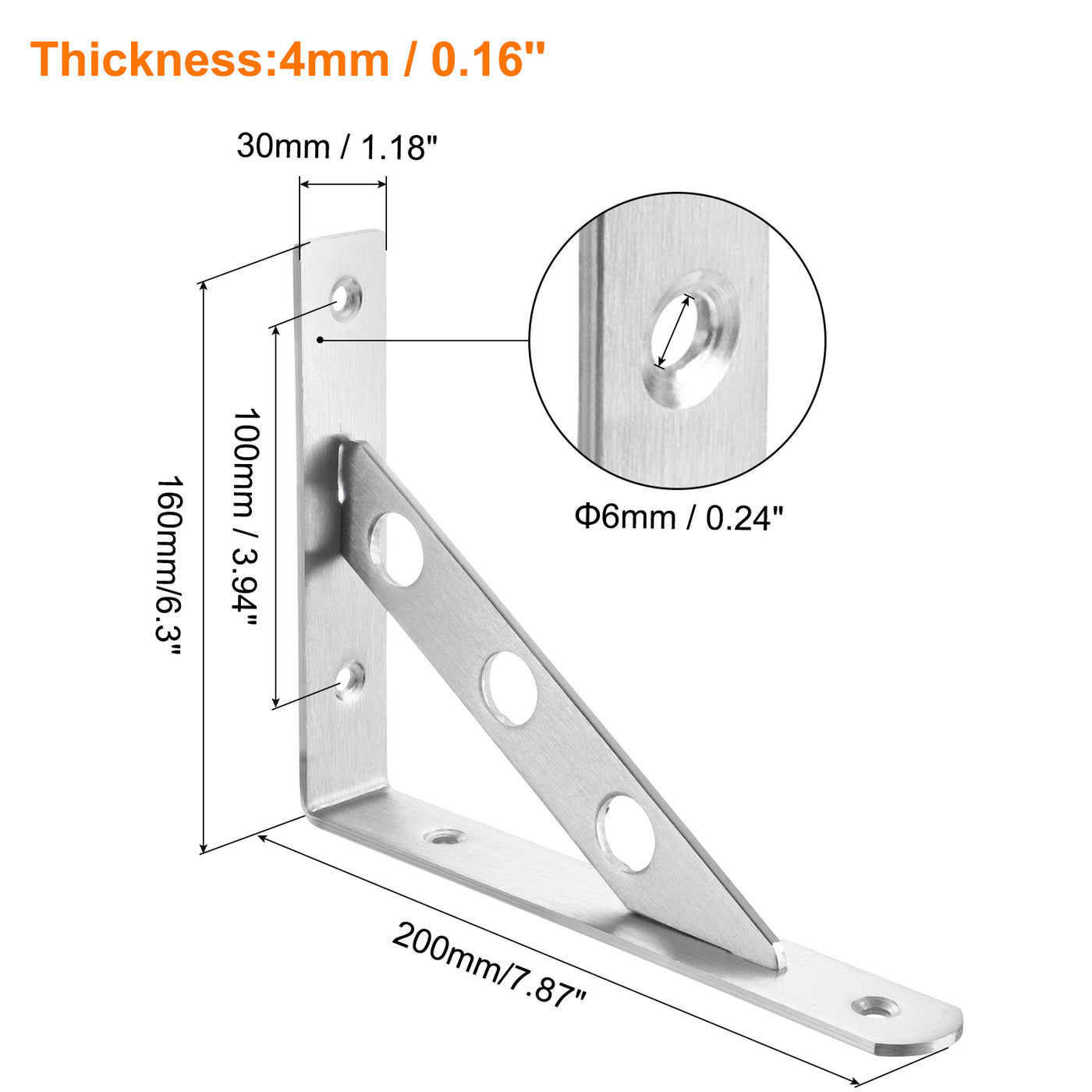 uxcell Uxcell Shelf Brackets, 2Pcs 8" - Stainless Steel Solid Triangle Bracket with Screws, Removable Support L Brackets for DIY Floating Shelf (4mm Thick)