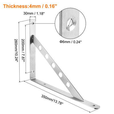 Harfington Uxcell Shelf Brackets, 2Pcs 14" - Stainless Steel Solid Triangle Bracket with Screws, Removable Support L Brackets for DIY Floating Shelf (4mm Thick)