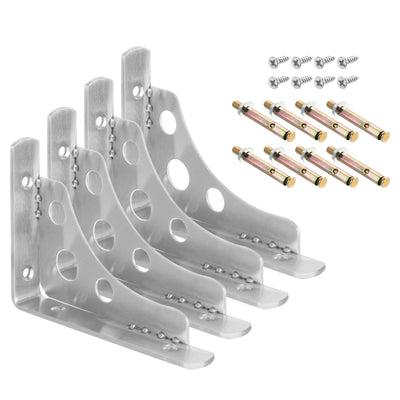 Harfington Uxcell Shelf Brackets, 4Pcs 6" - Stainless Steel Triangle Side Supporter with Screws, Wall Mounted L Brackets for DIY Floating Table Shelf Storage Rack