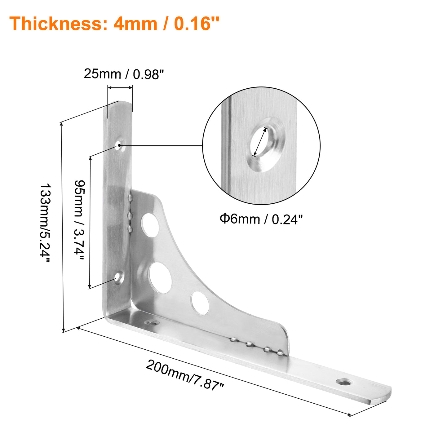 uxcell Uxcell Shelf Brackets, 4Pcs 8" - Stainless Steel Triangle Side Supporter with Screws, Wall Mounted L Brackets for DIY Floating Table Shelf Storage Rack