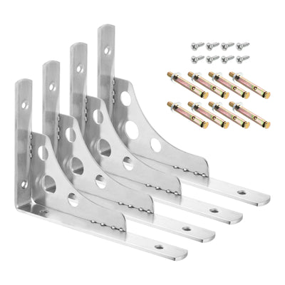 Harfington Uxcell Shelf Brackets, 4Pcs 8" - Stainless Steel Triangle Side Supporter with Screws, Wall Mounted L Brackets for DIY Floating Table Shelf Storage Rack