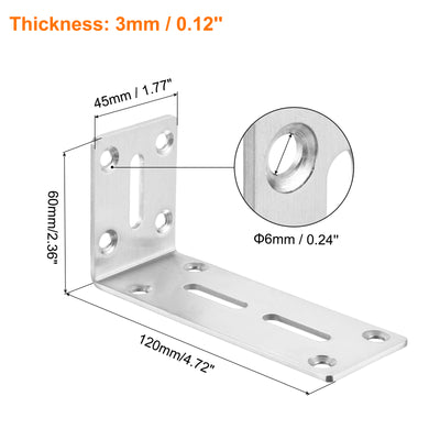 Harfington Uxcell L Corner Braces, 2Pcs 120x45x60mm - Stainless Steel Adjustable Corner Code, 90 Degree Slotted Angle Bracket for DIY Furniture Mending Shelf (Silver)