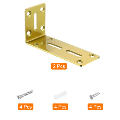 Harfington Uxcell L Corner Braces, 2Pcs 120x45x60mm - Stainless Steel Adjustable Corner Code, 90 Degree Slotted Angle Bracket for DIY Furniture Mending Shelf (Gold)