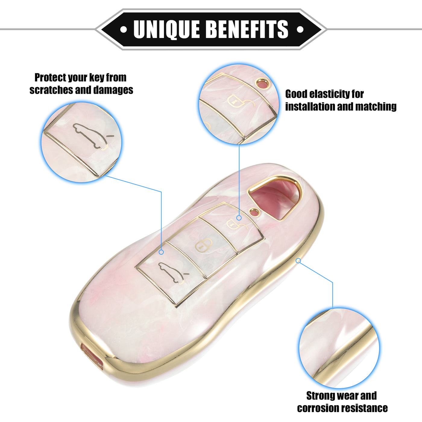 VekAuto Key Fob Cover Compatible for Porsche Cayenne 11-18 for Porsche 911 14-19, Durable TPU Pink 3 Button Porcelain Pattern Smart Key Fob Case Cover