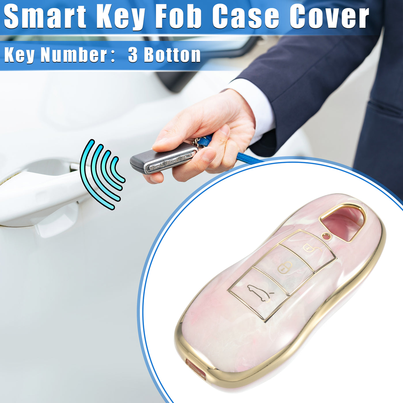 VekAuto Key Fob Cover Compatible for Porsche Cayenne 11-18 for Porsche 911 14-19, Durable TPU Pink 3 Button Porcelain Pattern Smart Key Fob Case Cover