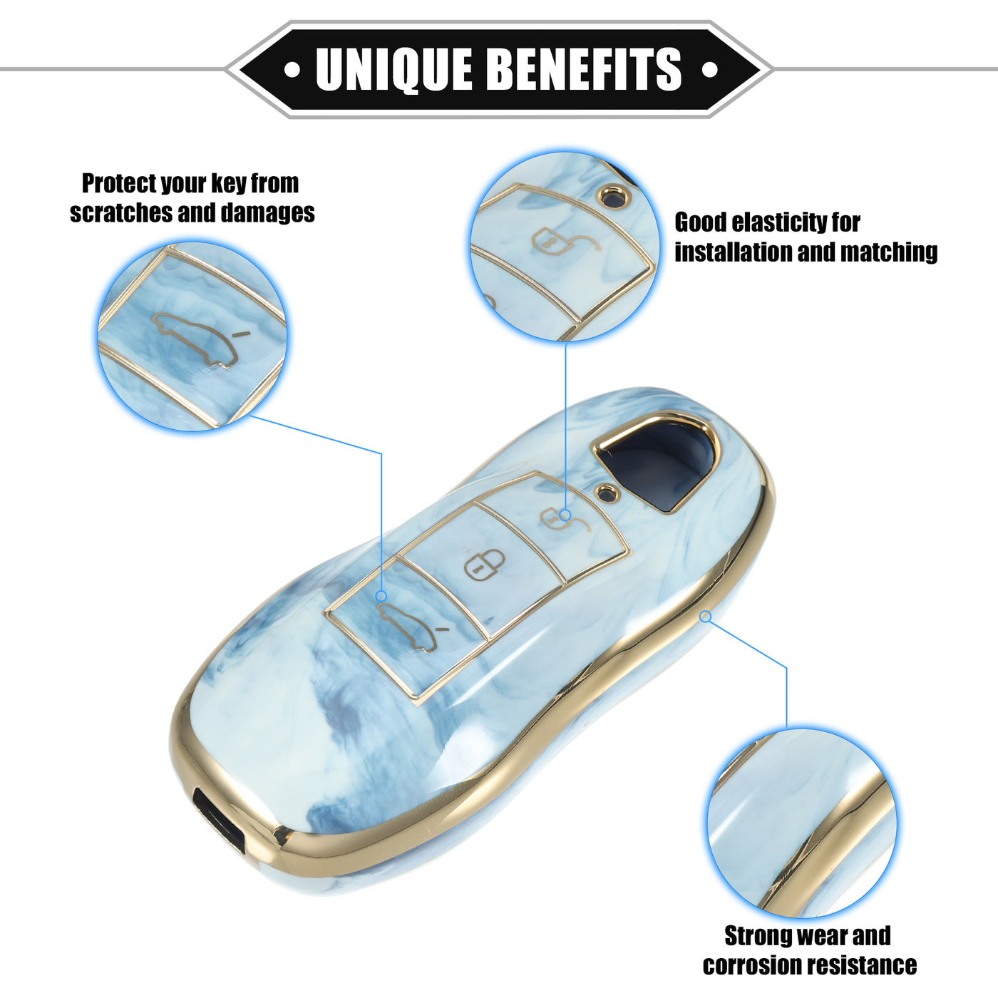 VekAuto Key Fob Cover Compatible for Porsche Cayenne 11-18 for Porsche 911 14-19, Durable TPU Blue 3 Button Porcelain Pattern Smart Key Fob Case Cover