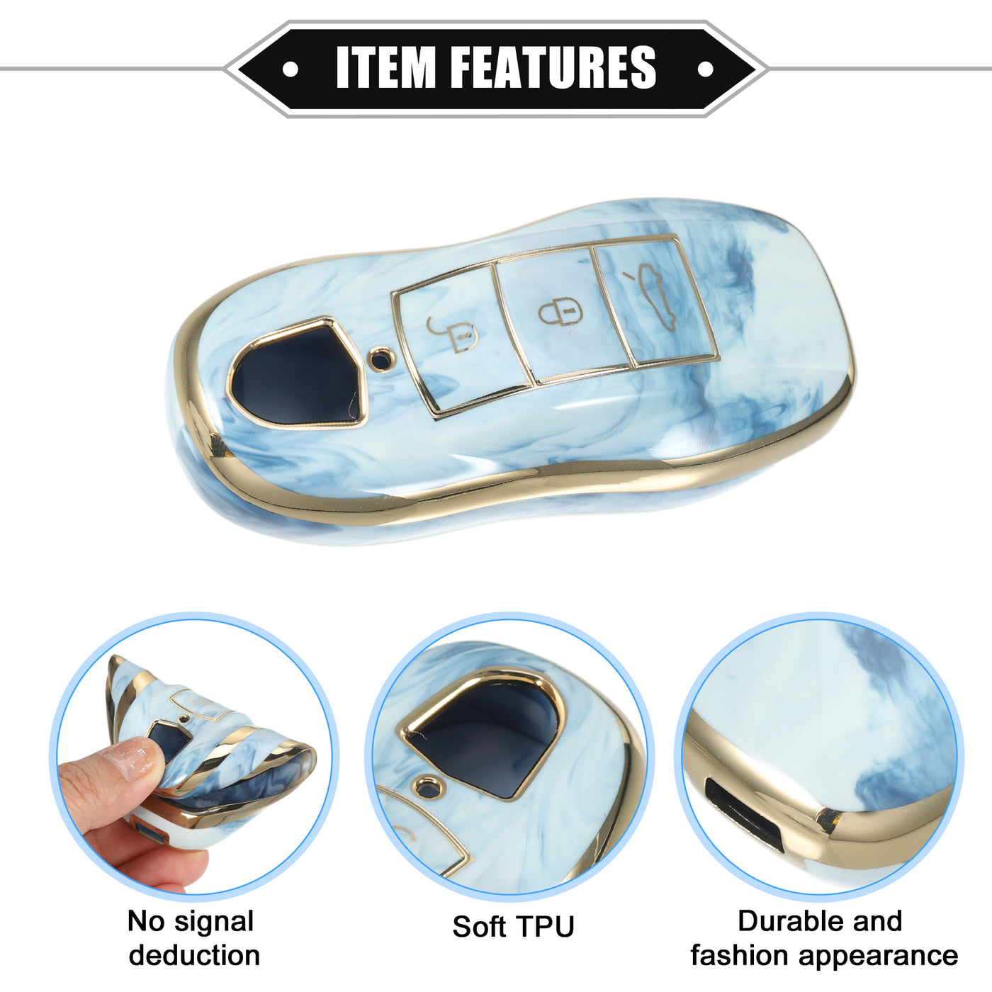 VekAuto Key Fob Cover Compatible for Porsche Cayenne 11-18 for Porsche 911 14-19, Durable TPU Blue 3 Button Porcelain Pattern Smart Key Fob Case Cover