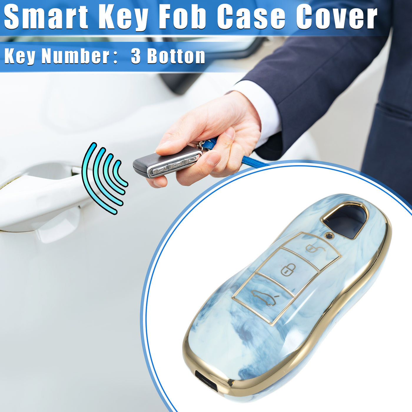 VekAuto Key Fob Cover Compatible for Porsche Cayenne 11-18 for Porsche 911 14-19, Durable TPU Blue 3 Button Porcelain Pattern Smart Key Fob Case Cover