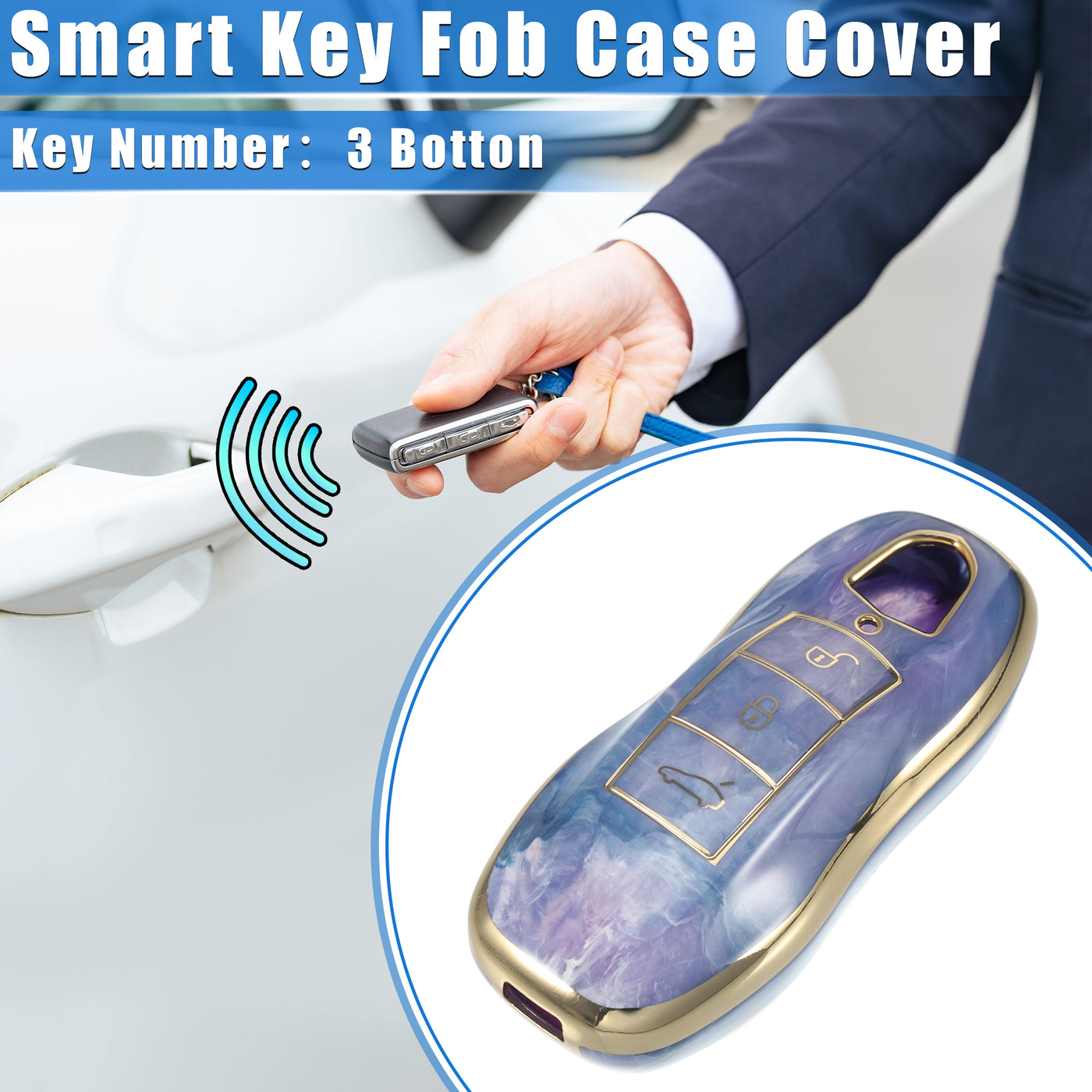 VekAuto Key Fob Cover Compatible for Porsche Cayenne 11-18 for Porsche 911 14-19, Durable TPU Purple 3 Button Porcelain Pattern Smart Key Fob Case Cover