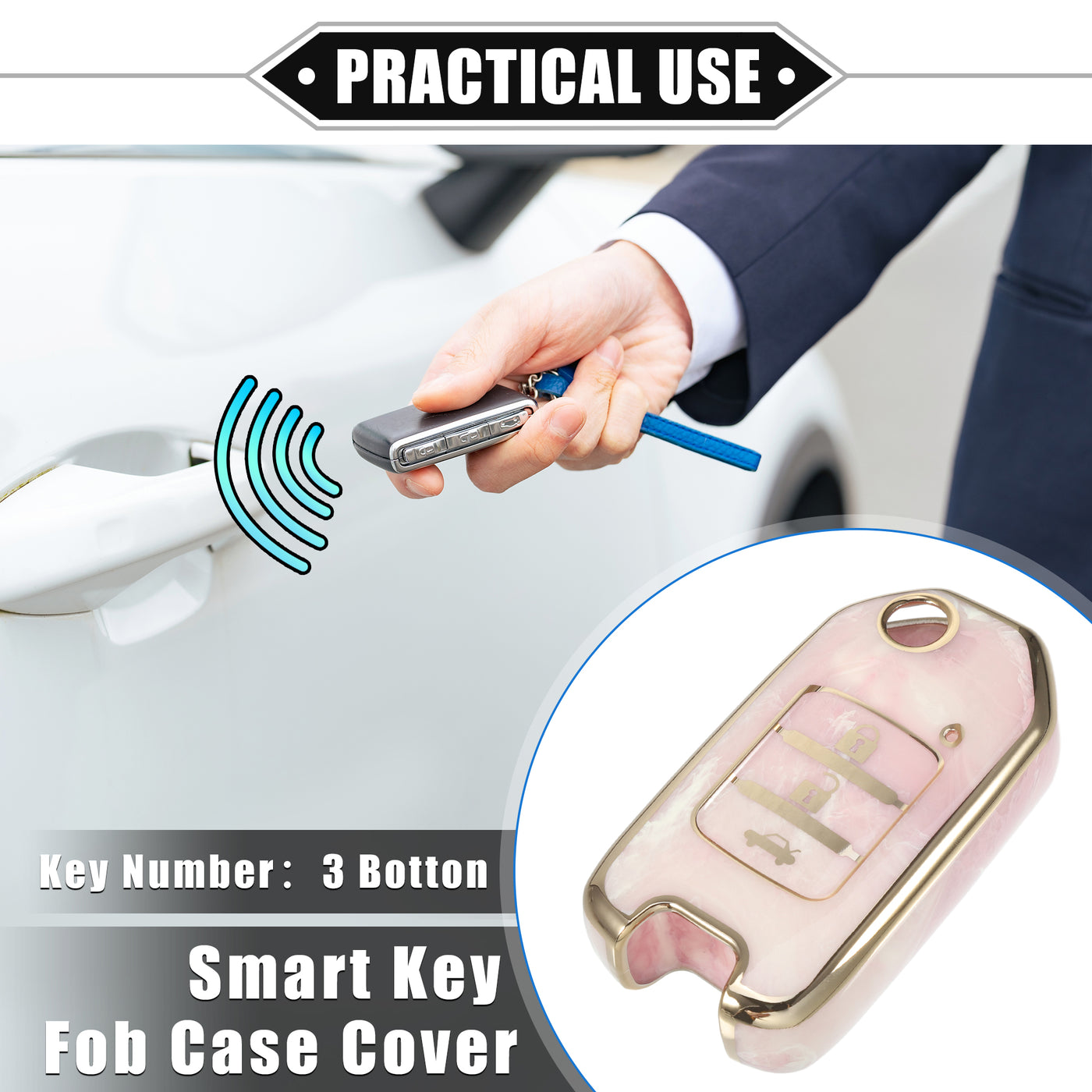 VekAuto Key Fob Cover Compatible for Honda Accord 13-19 for Honda CR-V 15-19, Durable TPU Pink 3 Button Porcelain Pattern Remote Key Fob Case Protection Shell