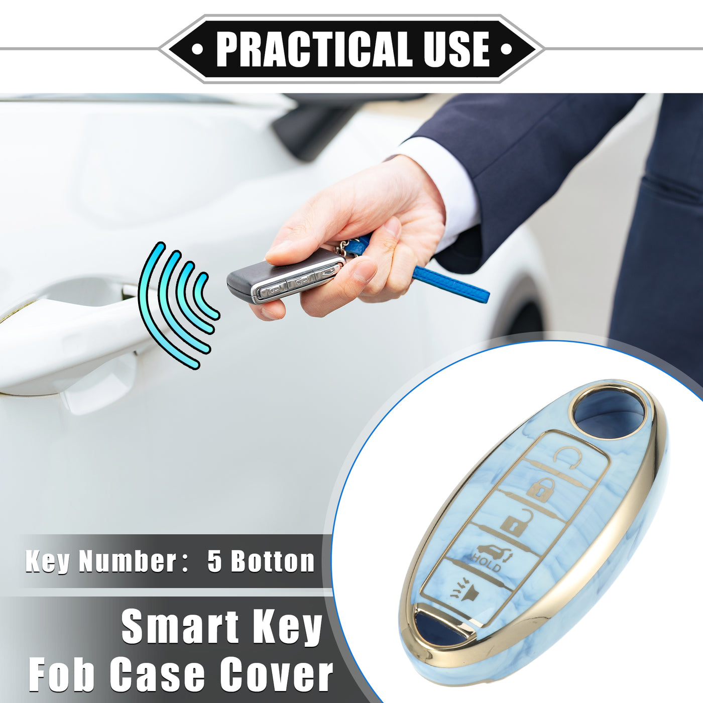 VekAuto Smart Key Fob Case Cover Compatible for Nissan Altima Maxima, Durable TPU Blue 5 Button Porcelain Pattern Remote Key Fob Case Protection Shell