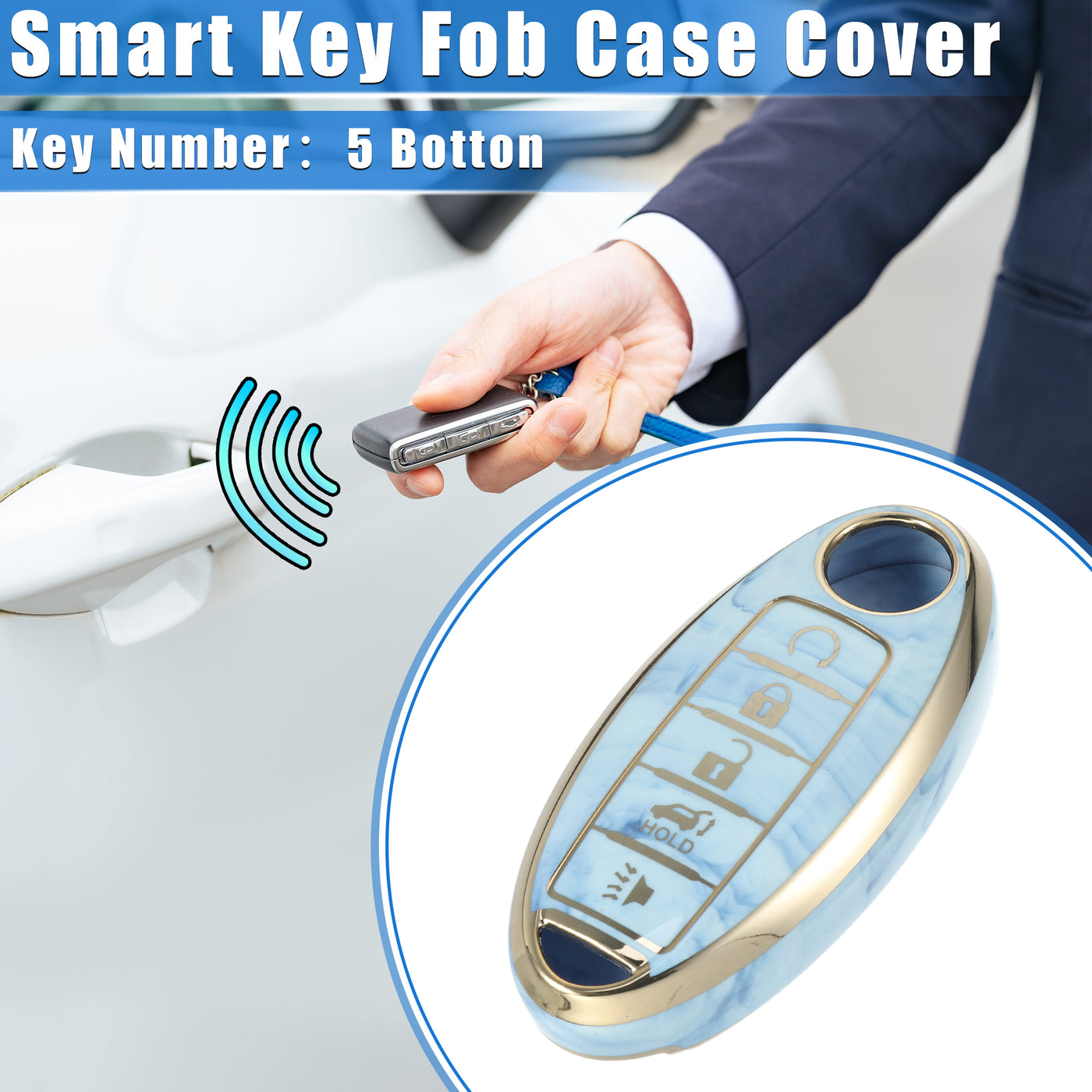 VekAuto Smart Key Fob Case Cover Compatible for Nissan Altima Maxima, Durable TPU Blue 5 Button Porcelain Pattern Remote Key Fob Case Protection Shell