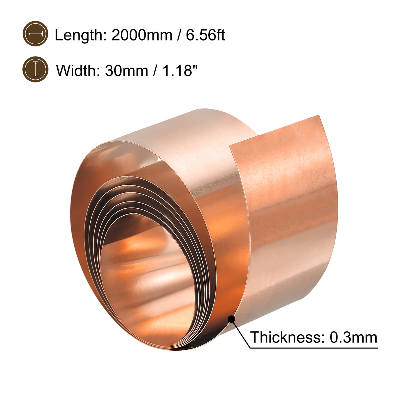 uxcell Uxcell Copper Sheet Roll, Metal Foil Plate 2000mm x 30mm x 0.3mm