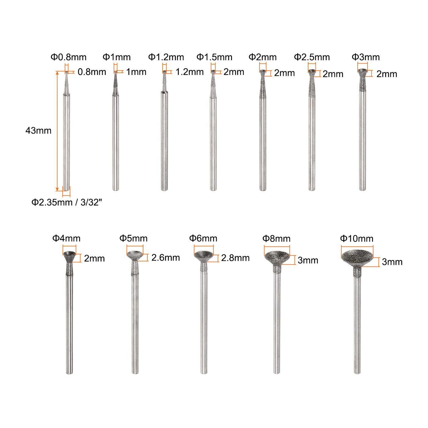 Harfington 12pcs Diamond Grinding Head 0.8/1/1.2/1.5/2/2.5/3/4/5/6/8/10mm Spherical Head