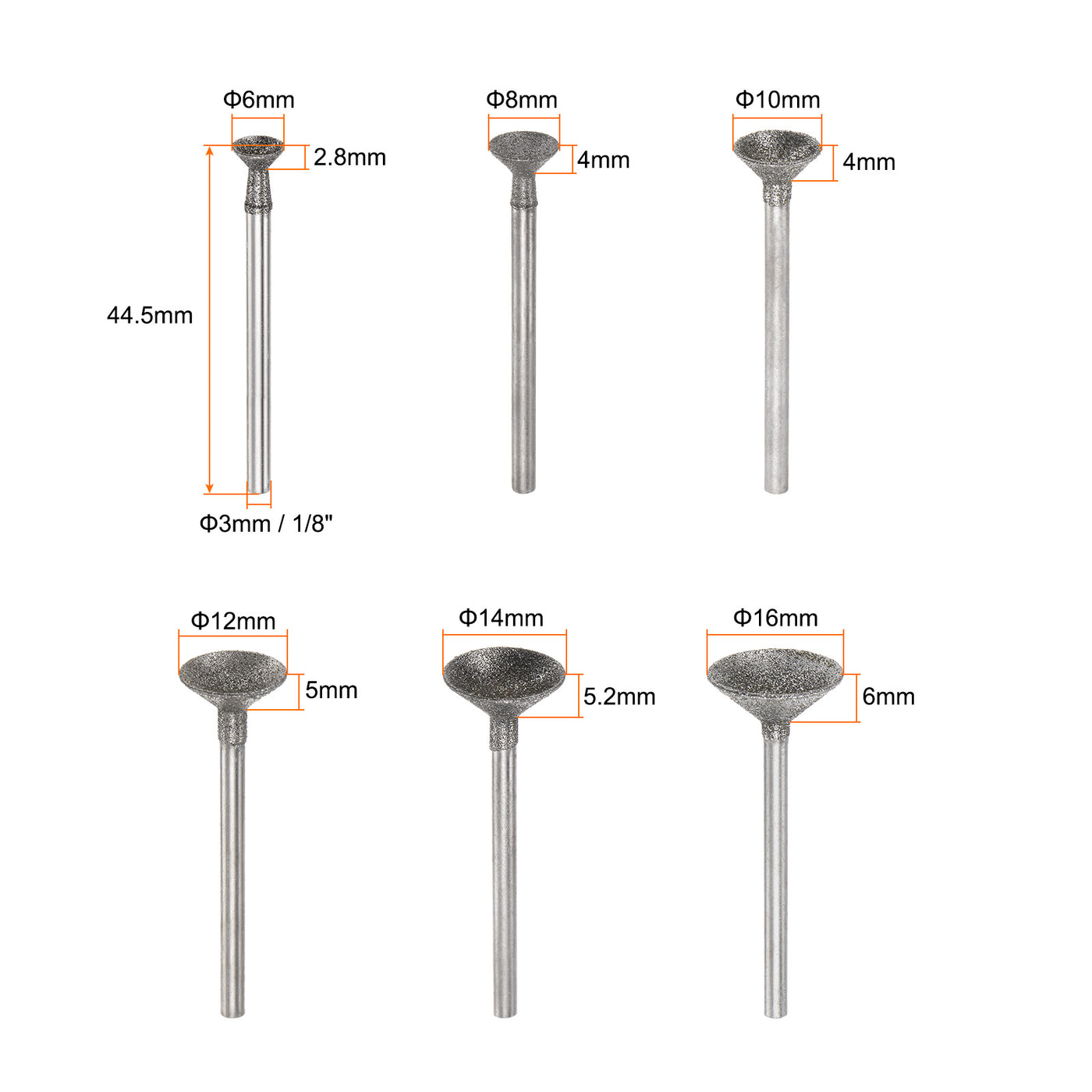 Harfington 12pcs Diamond Grinding Head 6/8/10/12/14/16mm Dia 1/8" Shank Spherical Head