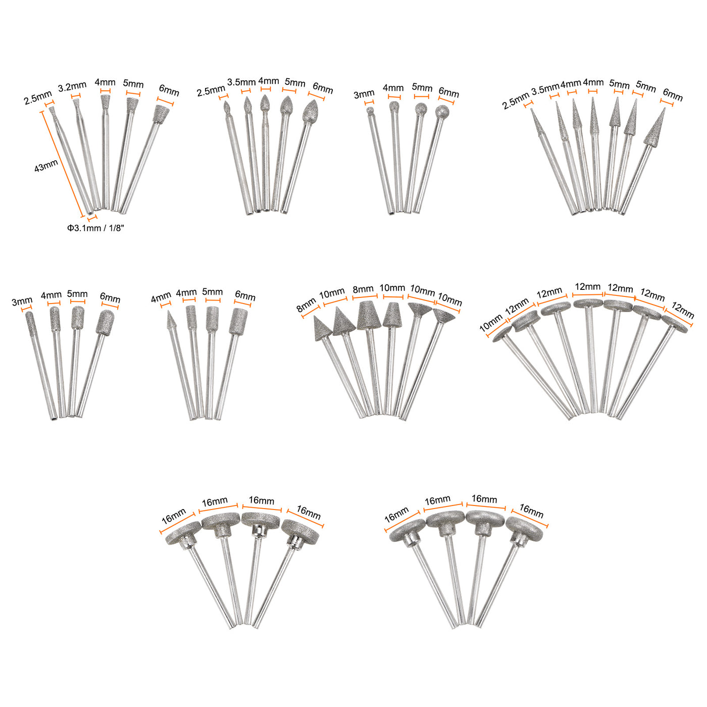 Harfington 50pcs Diamond Grinding Head Set Dia 1/8" Shank Spherical Head Rotary Tool