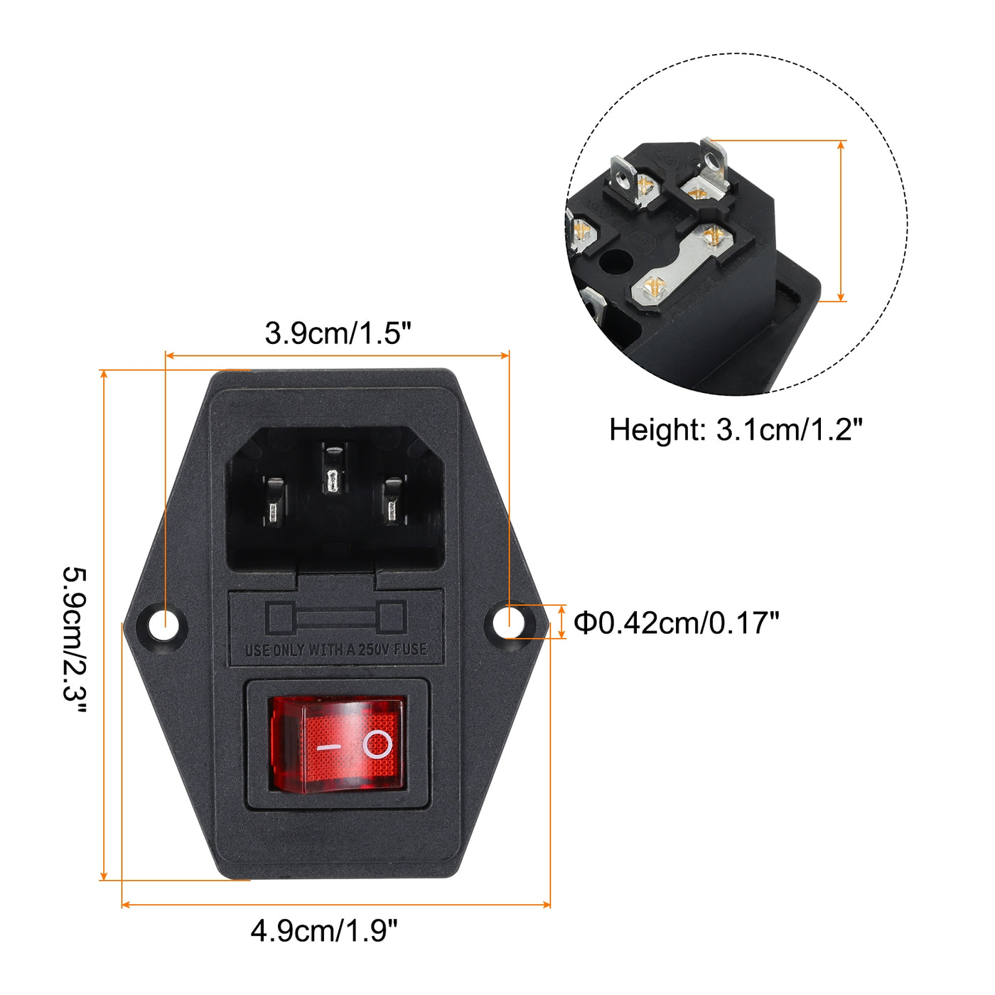 Harfington Power Switch 10A 250V AC Rocker Switch IEC320 C14 Inlet Male Power Socket 1 Pcs