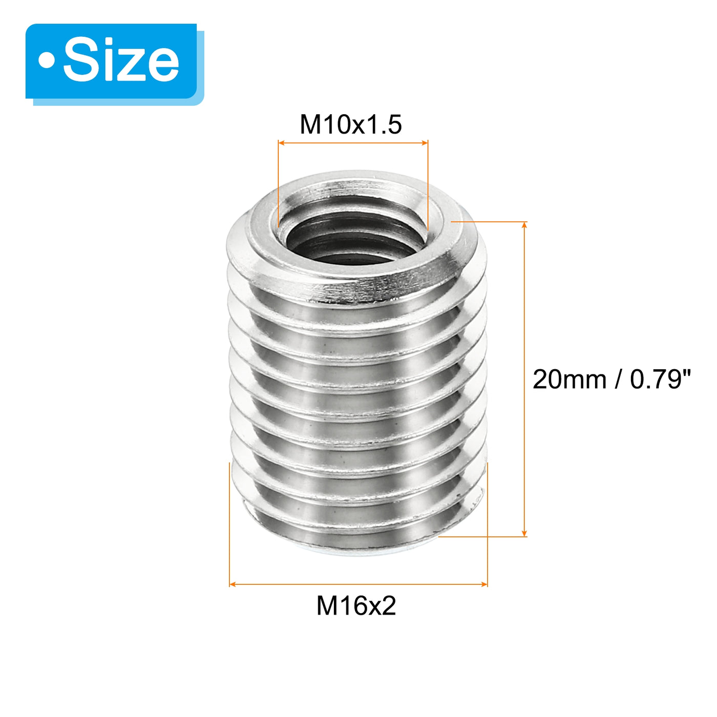 Harfington Thread Adapters Sleeve Reducing Nut, 6 Pcs M16x2 Male to M10x1.5 Female Repairing Insert Nut Screw Reducer Stainless Steel Fastener 20mm