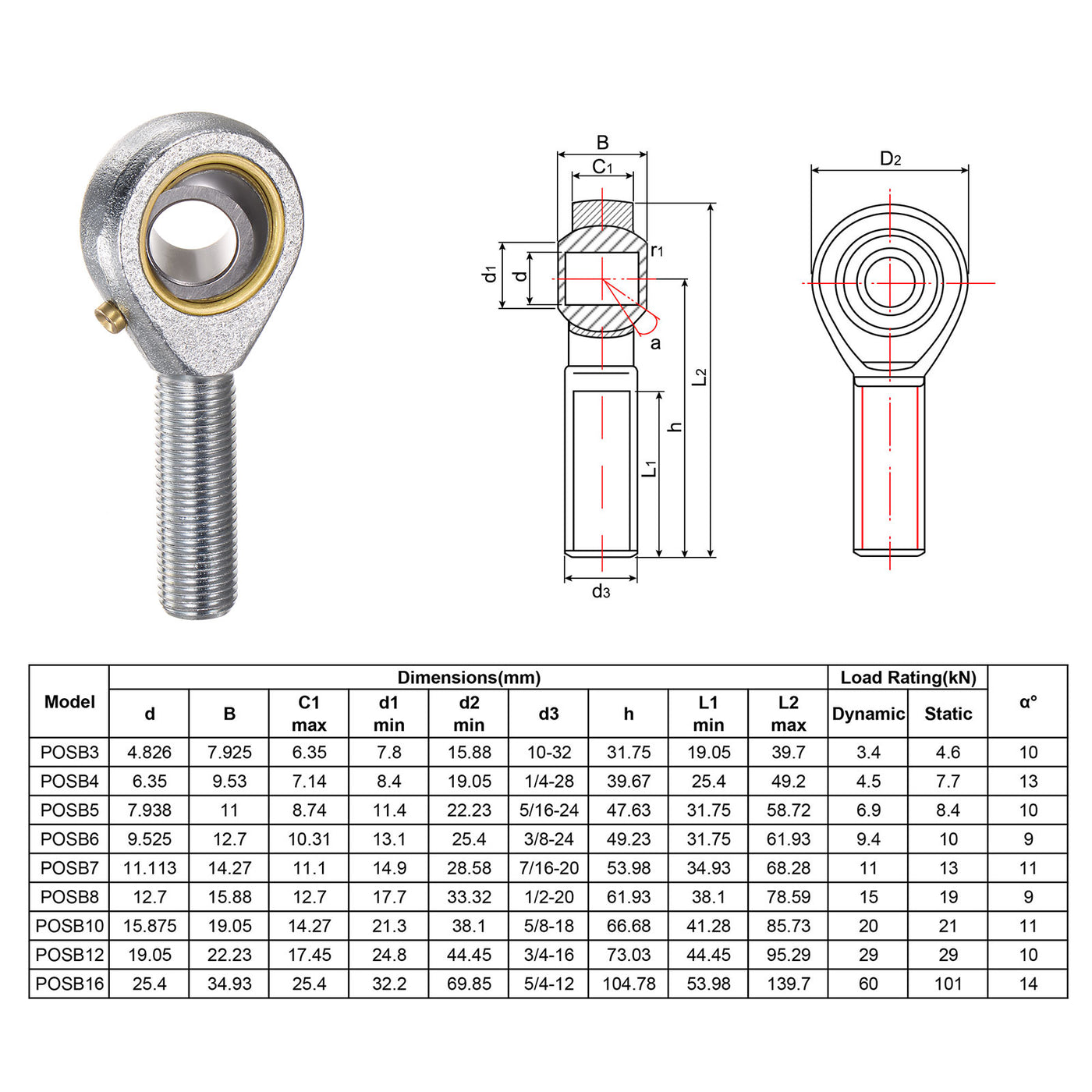 uxcell Uxcell 4pcs POSB8 Male Rod End Bearing 1/2" Bore and 1/2-20 Right Hand Thread