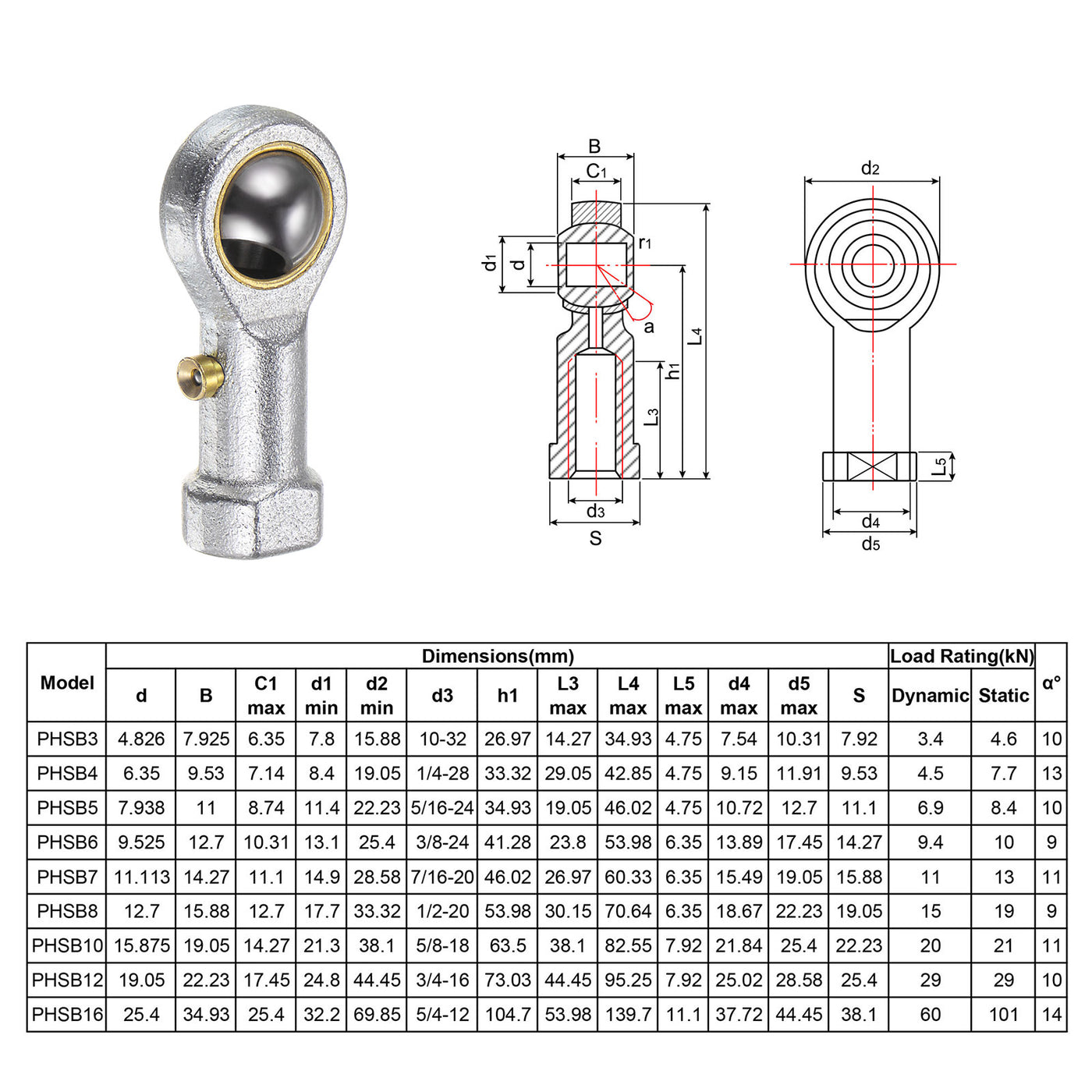 uxcell Uxcell 4pcs PHSB4 Female Rod End Bearing 1/4" Bore and 1/4-28 Right Hand Thread