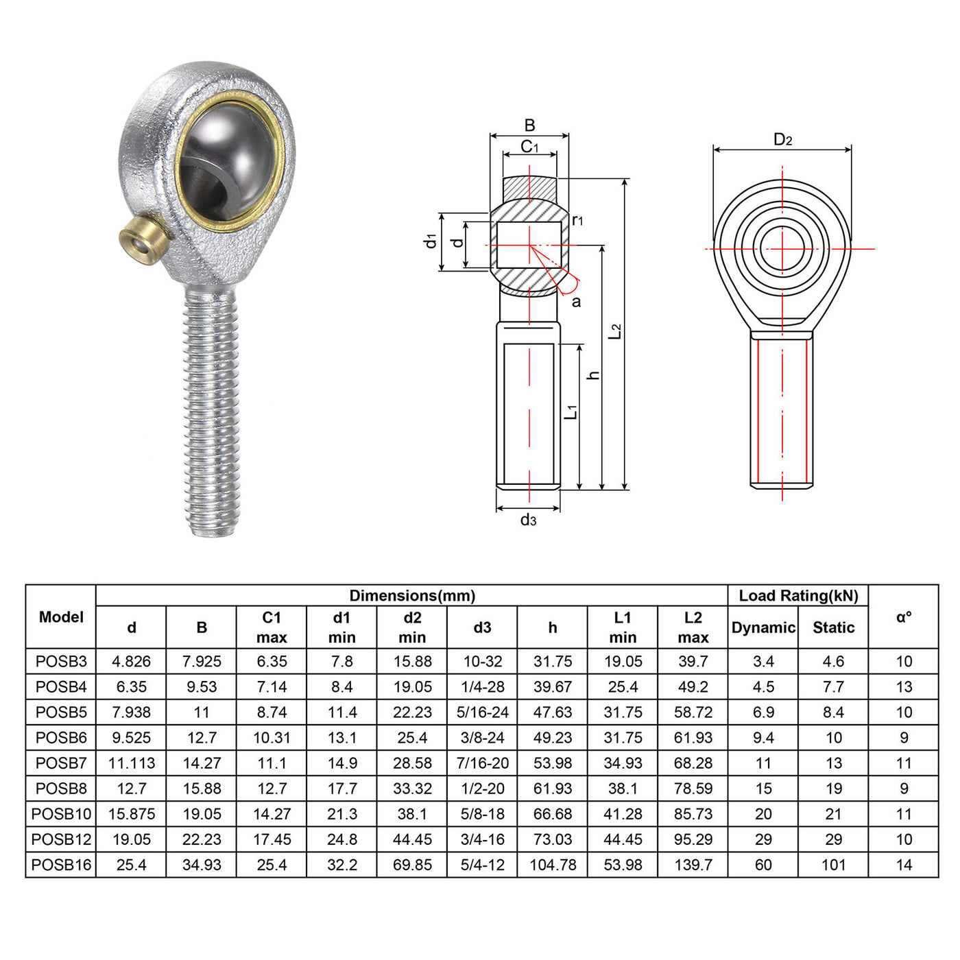 uxcell Uxcell 4pcs POSB3 Male Rod End Bearing 3/16" Bore and #10-32 Right Hand Thread