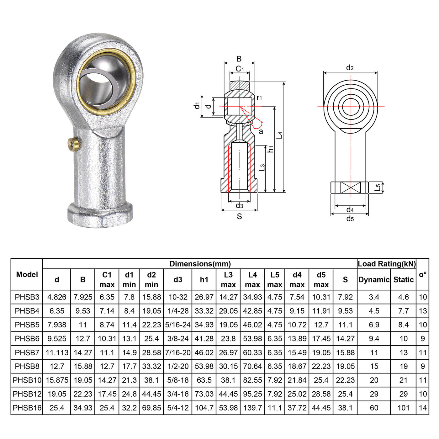 uxcell Uxcell 2pcs PHSB6 Female Rod End Bearing 3/8" Bore and 3/8-24 Left Hand Thread