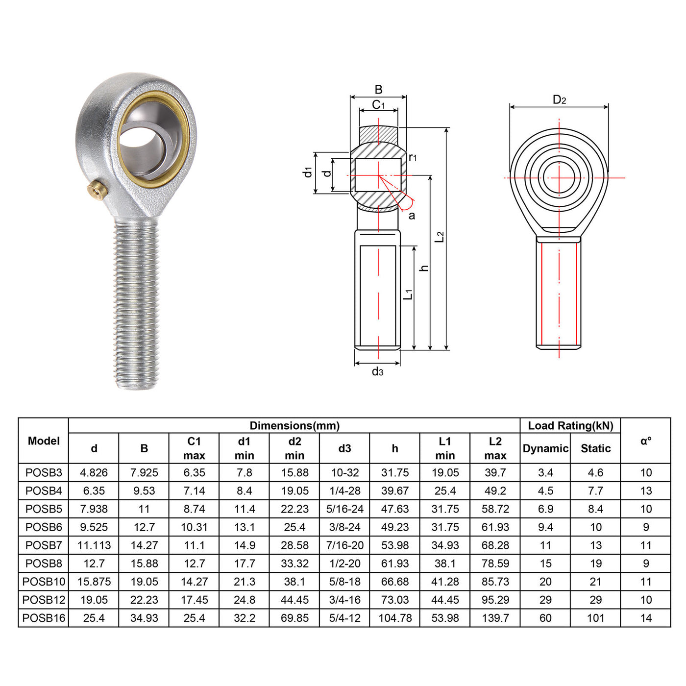 uxcell Uxcell 2pcs POSB6 Male Rod End Bearing 3/8" Bore and 3/8-24 Left Hand Thread