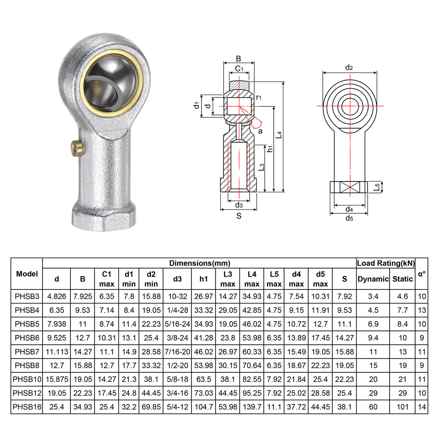 uxcell Uxcell 2pcs PHSB5 Female Rod End Bearing 5/16" Bore and 5/16-24 Left Hand Thread