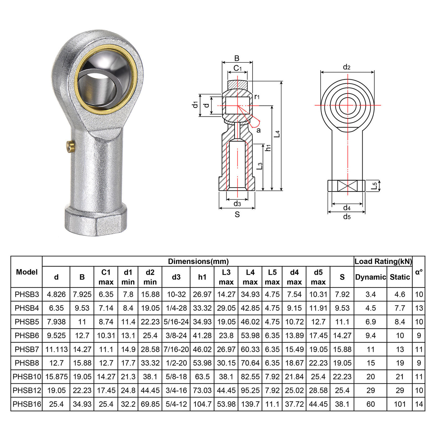 uxcell Uxcell 2pcs PHSB10 Female Rod End Bearing 5/8" Bore and 5/8-18 Right Hand Thread