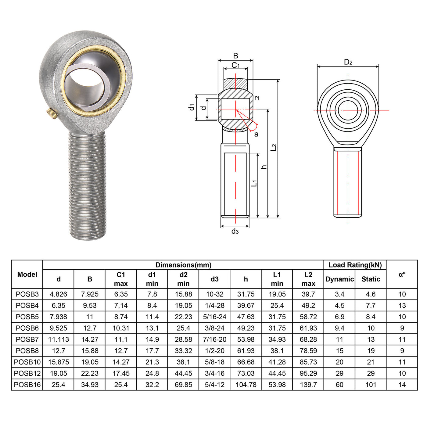 uxcell Uxcell 4pcs POSB10 Male Rod End Bearing 5/8" Bore and 5/8-18 Right Hand Thread