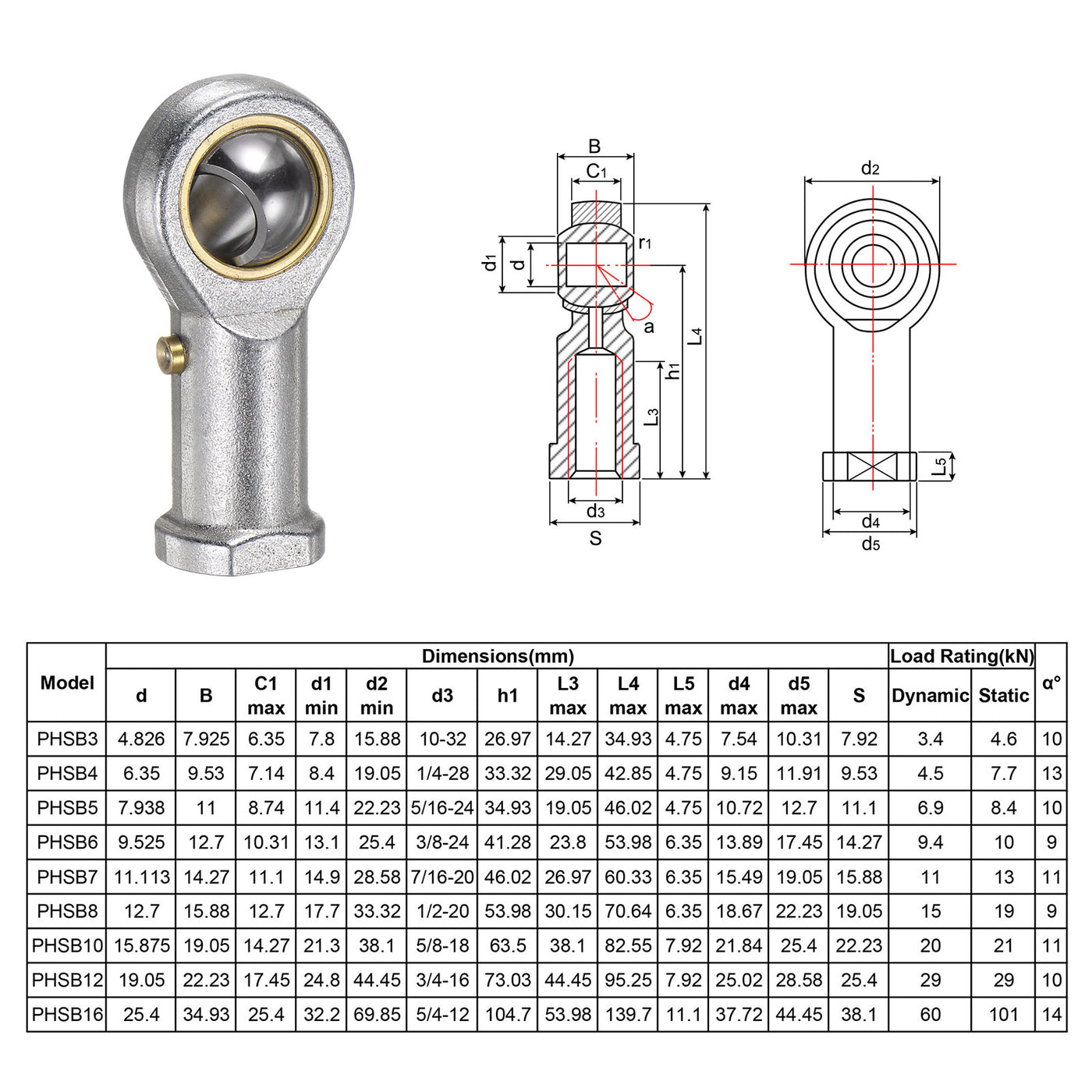 uxcell Uxcell 4pcs PHSB7 Female Rod End Bearing 7/16" Bore and 7/16-20 Right Hand Thread