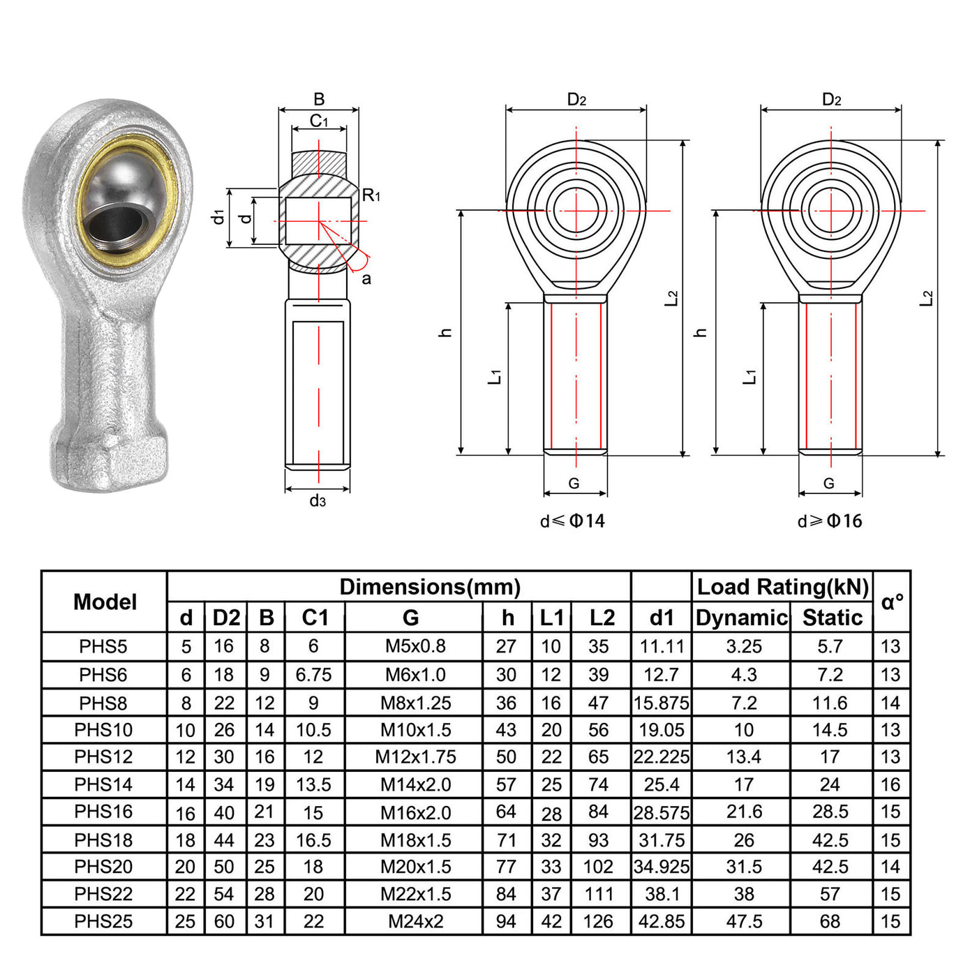 uxcell Uxcell 4pcs PHSA5 Female Rod End Bearing M5 Bore and M5x0.8 Right Hand Thread