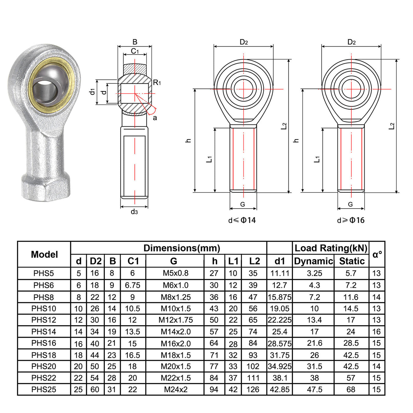 uxcell Uxcell 2pcs PHSA6 Female Rod End Bearing M6 Bore and M6x1.0 Left Hand Thread