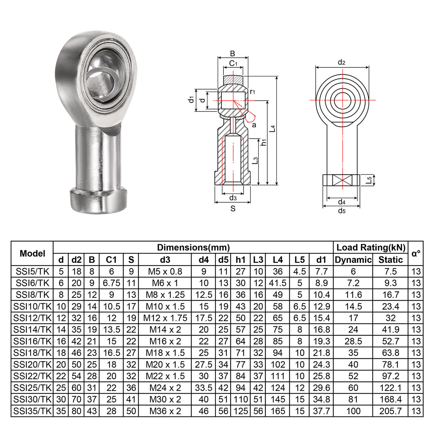 uxcell Uxcell 4pcs SSI6T/K Female Rod End Bearing M6 Bore and M6x1.0 Right Hand Thread