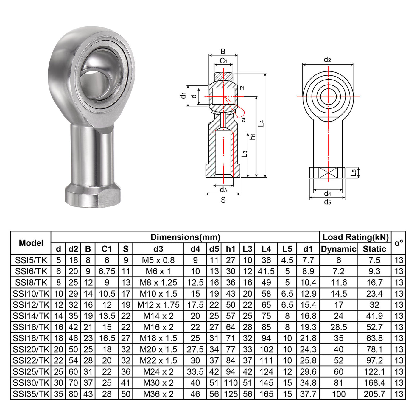 uxcell Uxcell 2pcs SSI8T/K Female Rod End Bearing M8 Bore and M8x1.25 Right Hand Thread