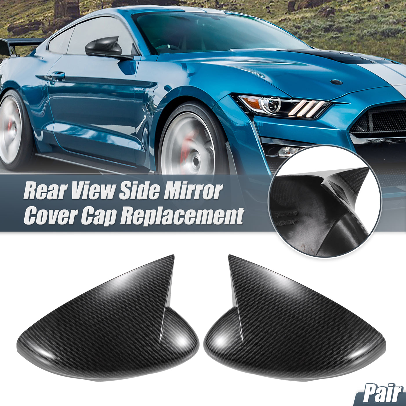 X AUTOHAUX Pair Car Rear View Driver Passenger Side Mirror Cover Cap Overlay Black Carbon Fiber Pattern for Ford for Mustang GT/Ecoboost/V6 15-24 Mirror Guard Covers Exterior Decoration Trims