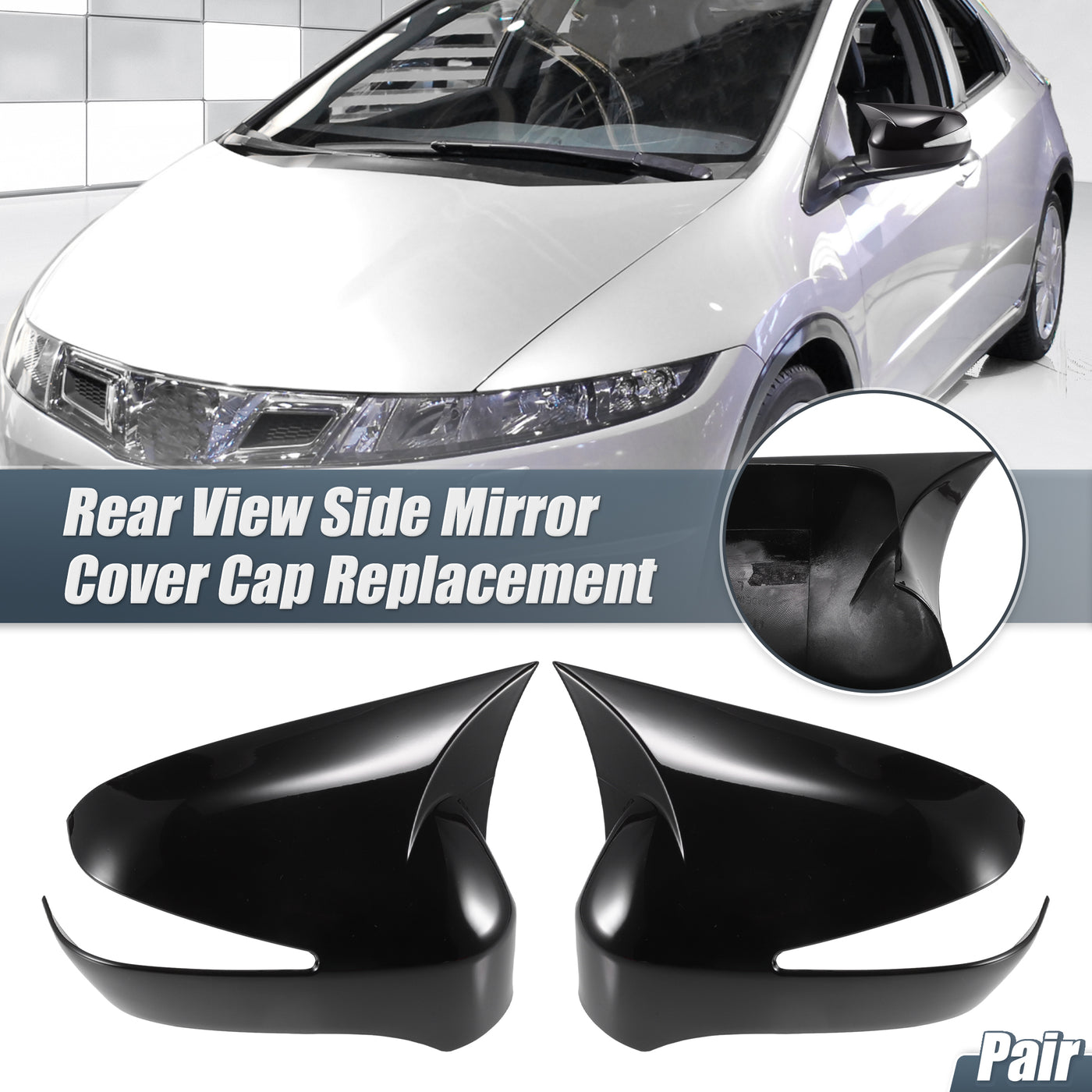 X AUTOHAUX 1 Pair Car Rear View Driver Passenger Side Mirror Cover Cap Overlay Gloss Black for Honda Civic 8th Gen 2006-2011 for Models with Turn Signal Light