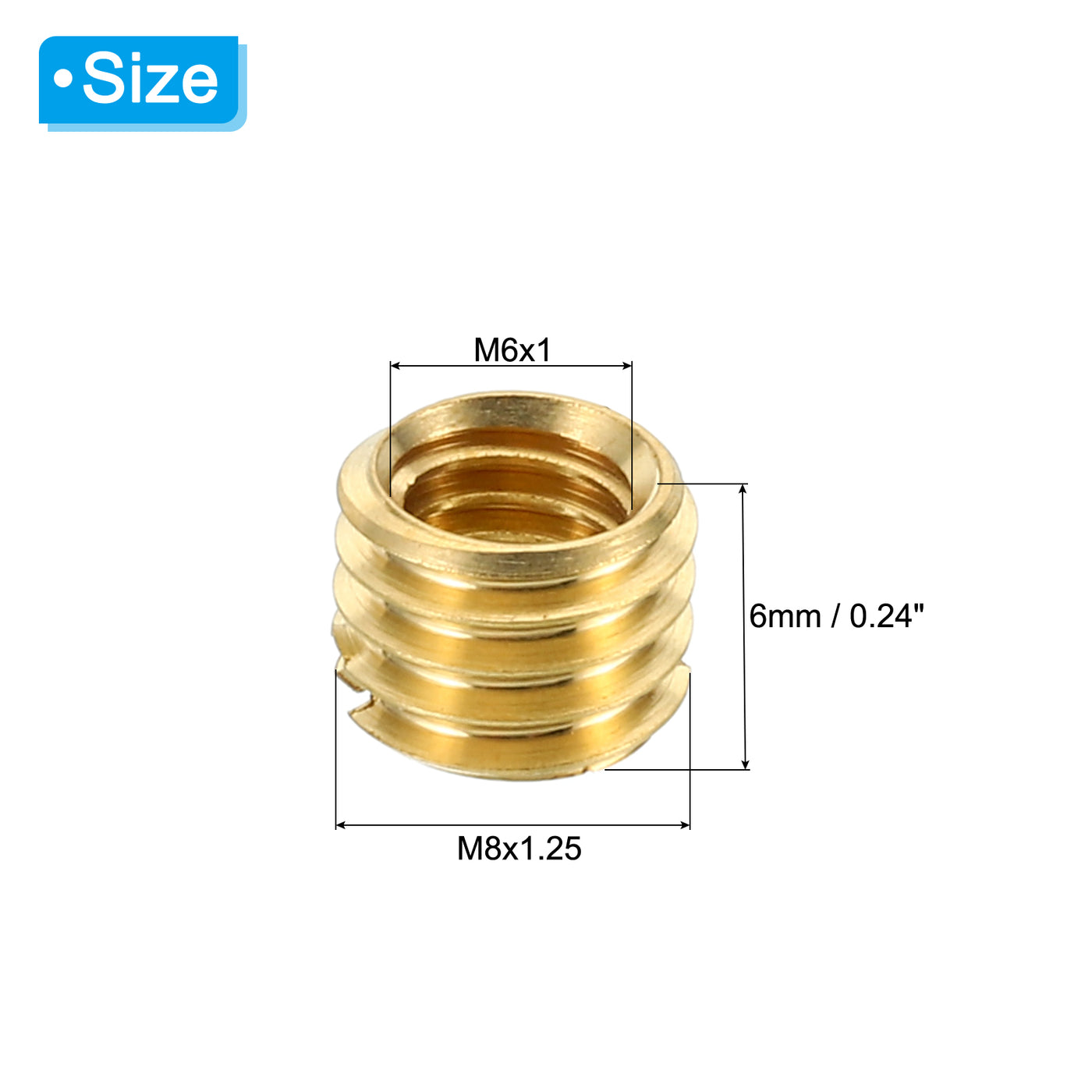 Harfington Brass Threaded Repair Insert Nut, 10 Pcs M8x1.25 Male to M6x1 Female Thread Sleeve Inserts Reducing Nut Adapter Reducer Screw Sleeves 6mm