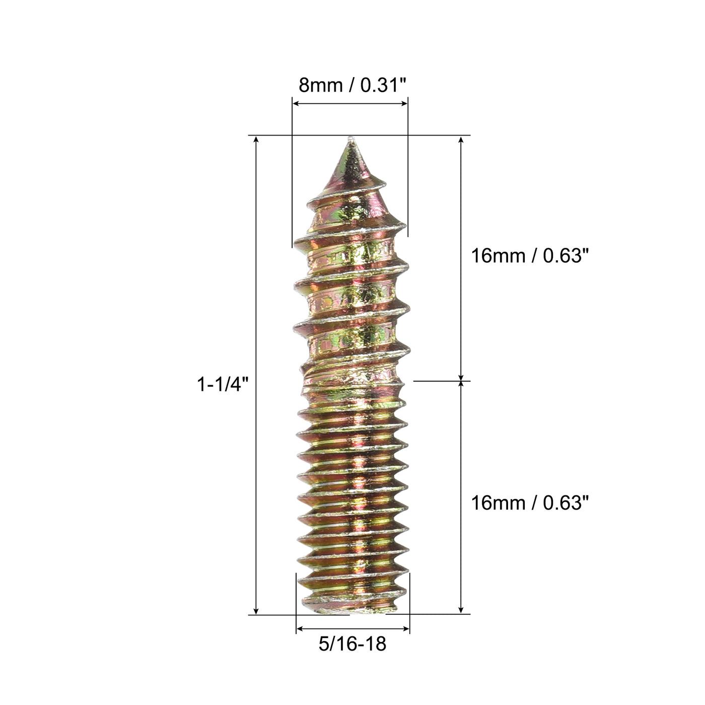 uxcell Uxcell 5/16-18x1-1/4" Hanger Bolts, 16pcs Double Ended Screws Wood Dowel Screws