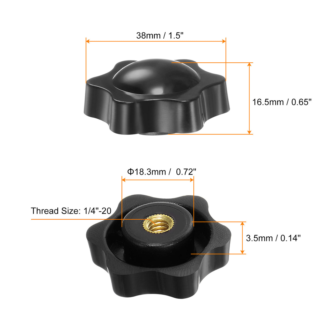 Harfington 4pcs Star Knobs 1/4-20 Thread 38mm Head Non-Through Hole Clamping Handles Black