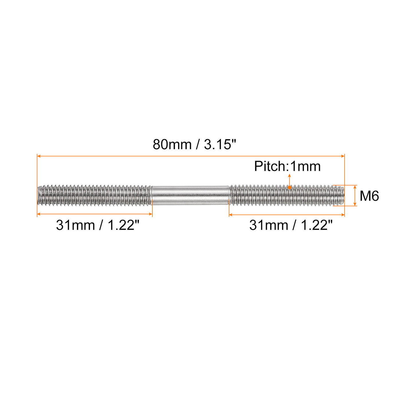 uxcell Uxcell 15Pcs M6x80mm 304 Stainless Steel Double End Threaded Stud Screw