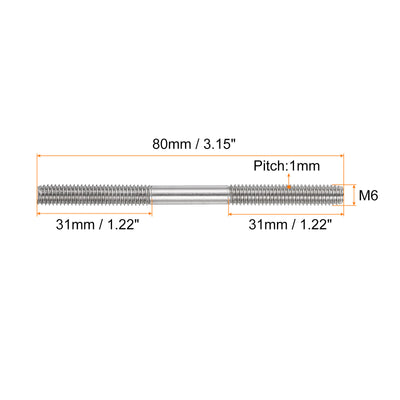 Harfington Uxcell 15Pcs M6x80mm 304 Stainless Steel Double End Threaded Stud Screw