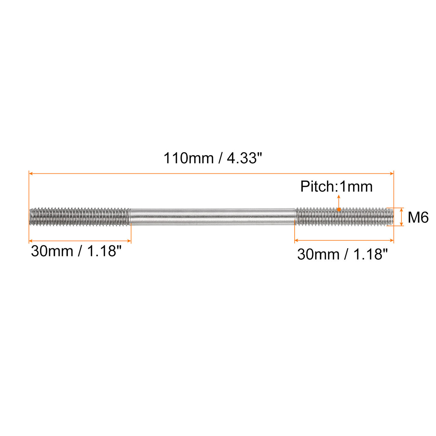 uxcell Uxcell 25Pcs M6x110mm 304 Stainless Steel Double End Threaded Stud Screw