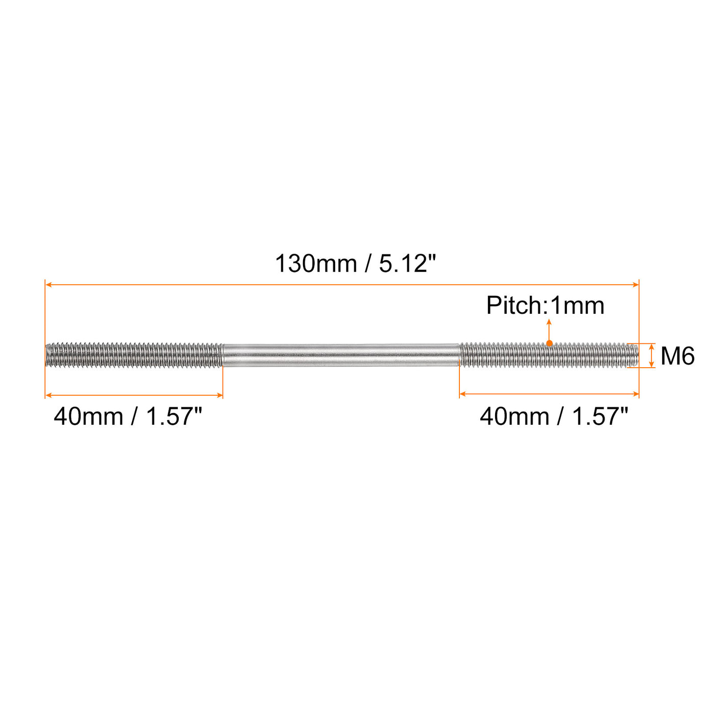 uxcell Uxcell 25Pcs M6x130mm 304 Stainless Steel Double End Threaded Stud Screw