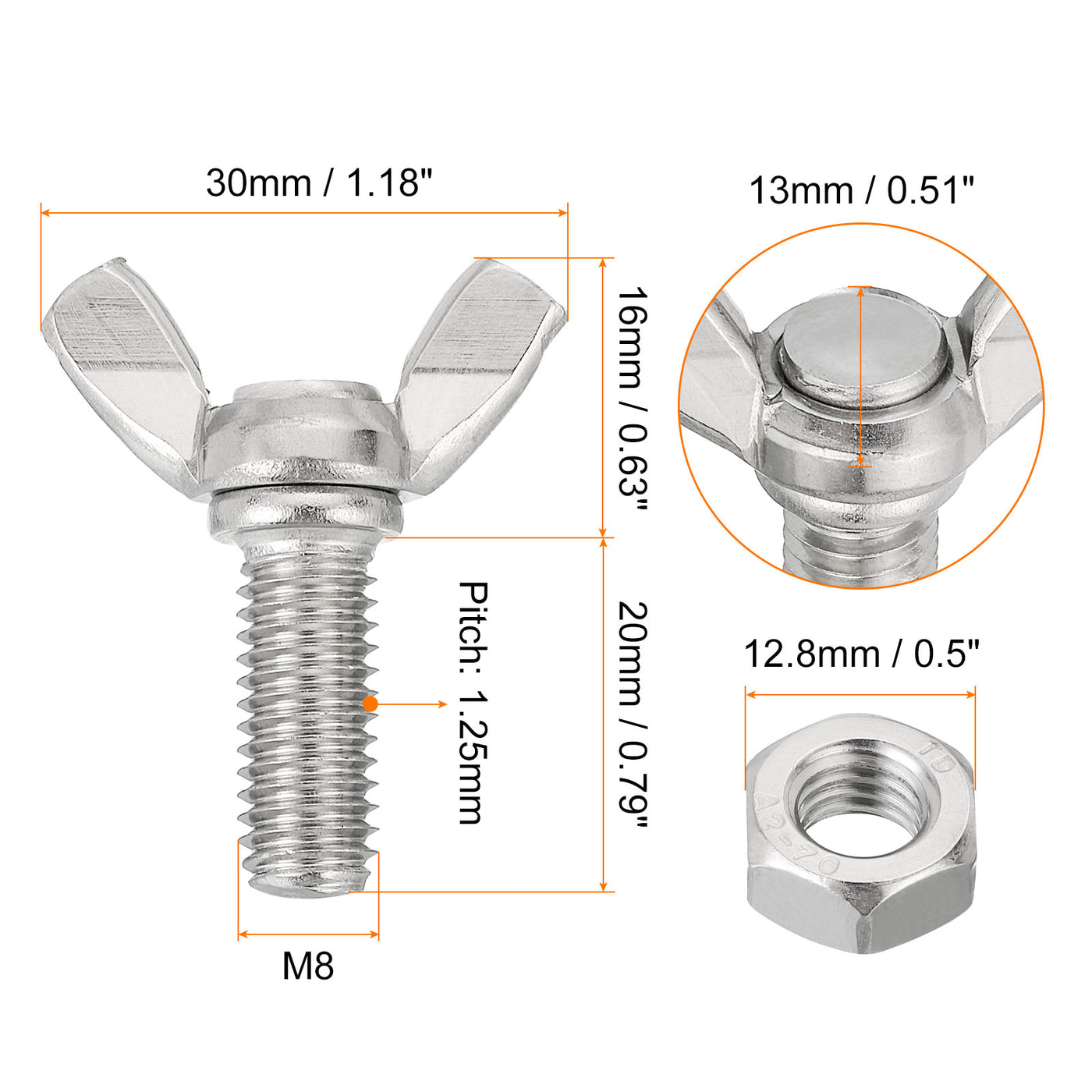 uxcell Uxcell 6pcs 304 Stainless Steel M8x20mm Wing Butterfly Screws Bolts with 6pcs Nuts