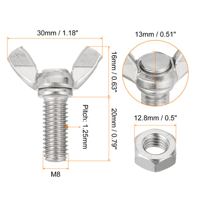 Harfington Uxcell 6pcs 304 Stainless Steel M8x20mm Wing Butterfly Screws Bolts with 6pcs Nuts