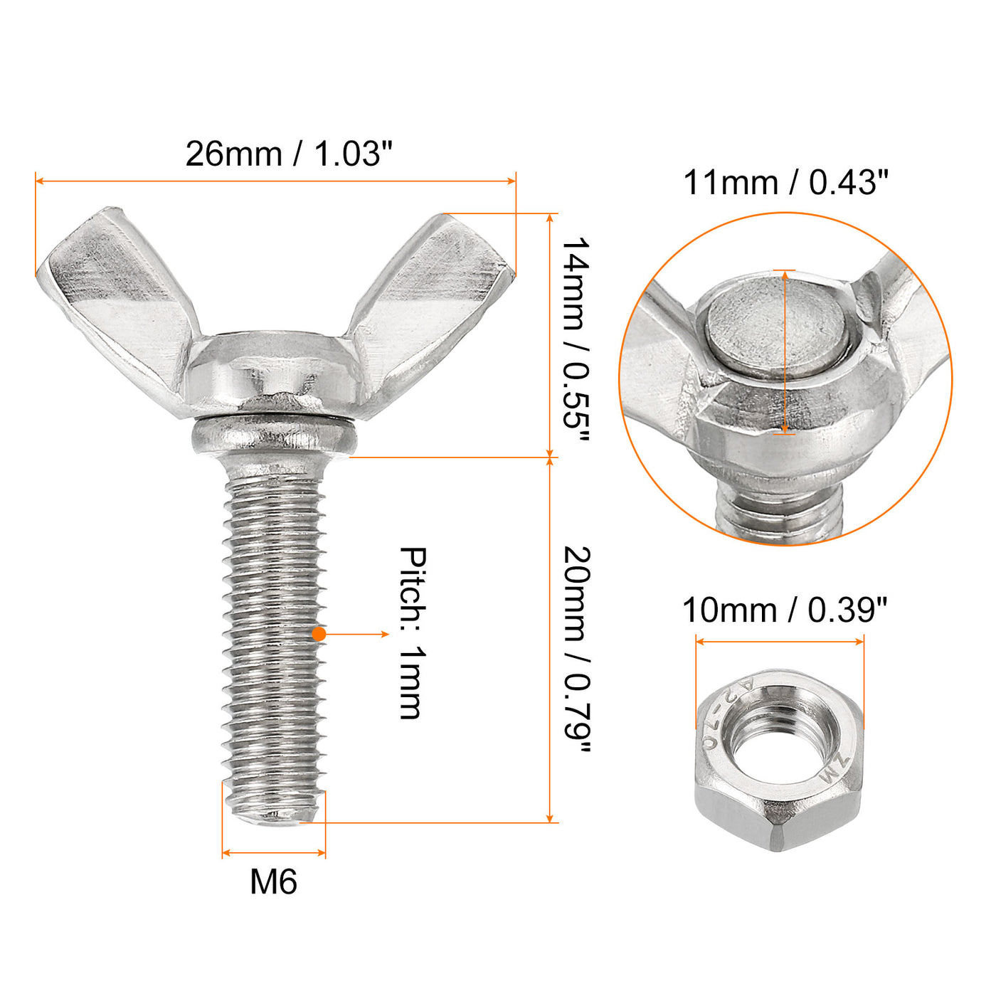 uxcell Uxcell 10pcs 304 Stainless Steel M6-1x20mm Wing Butterfly Screws Bolts with 10pcs Nuts