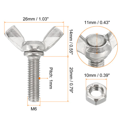 Harfington Uxcell 10pcs 304 Stainless Steel M6-1x20mm Wing Butterfly Screws Bolts with 10pcs Nuts